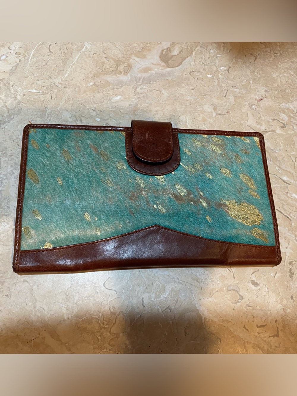 Source Unknown Teal and Brown Leather Clutch Wallet with Gold Accents